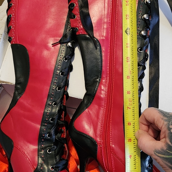 Pleaser Tempt Red and Black Women's Knee High Boots Zipper Satin Laces US Sz. 7 - Picture 2 of 10